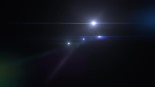 Abstract blue optical shine light lens flares moving from bottom left to center animation on black background. 4K seamless loop dynamic kinetic bright star light rays effect. 