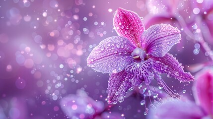 Close-Up of Dew-Kissed Purple Orchid Flower with Soft Bokeh Background - Nature Photography