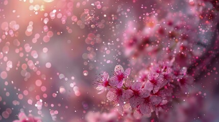 Beautiful Close-up of Pink Cherry Blossom Flowers with Water Droplets Against Blurry Background in Spring