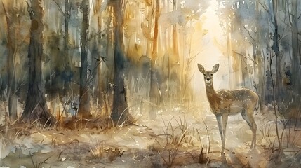 Golden Hour Deer in Watercolor Forest, To provide a beautiful and dreamy