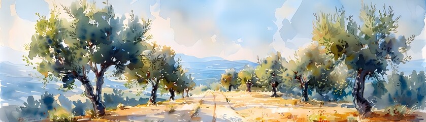 Watercolor Olive Grove in Middle East with Dirt Road and Mountains, To provide a peaceful and serene image of an olive grove - obrazy, fototapety, plakaty