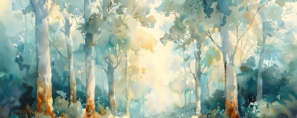 Watercolor Enchanted Forest with Blue and Yellow Hues Dreamy and Detailed Artwork