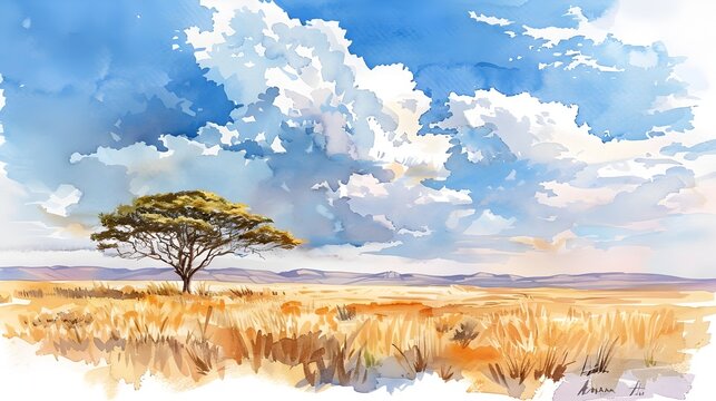 Watercolor Savannah Landscape with Acacia Tree Under Soft Blue Sky