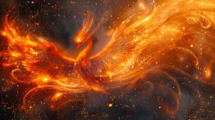 Abstract Cosmic Fire Background with Swirling Golden and Orange Flames in Space - Powered by Adobe