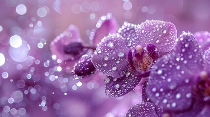 Delicate Purple Orchids with Water Droplets Close-Up on Sparkling Bokeh Background