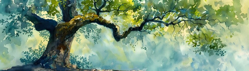Watercolor Oak Tree in Sunlight Serene Landscape with Green Leaves and Soft Yellow Blue Tones