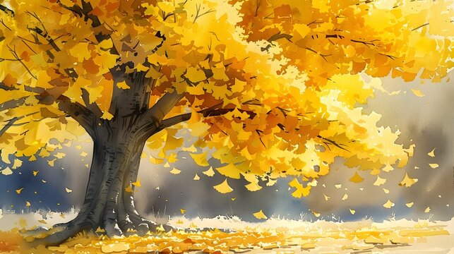 Ginkgo Tree in Autumn Watercolor Painting, To provide a visually striking and emotionally resonant piece of art that showcases the beauty of nature,