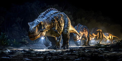  A row of dinosaurs walking through in dark forest in night view background and wallpaper  