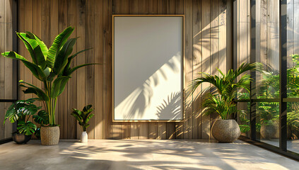 White Blank Frame in Modern Interior, Simple and Elegant Design Concept, Room Decor with Wooden Elements