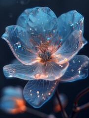 A blue flower covered in water droplets glistens under the sunlight.