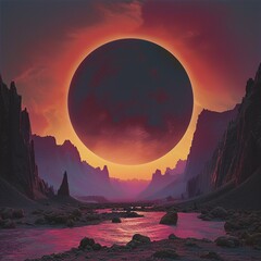 Illuminated by eclipse neon gradients, surreal landscapes captivate mysterious lands under the mesmerizing allure of a total solar eclipse. - obrazy, fototapety, plakaty