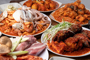 Korean food, Korean don, raw meat, kimchi, steamed, agu, pollack, dried pollack, seafood, braised chicken, side dishes, steamed eggs, squid,