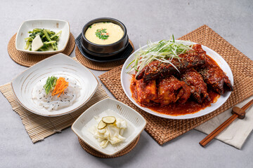 Korean food, Korean don, raw meat, kimchi, steamed, agu, pollack, dried pollack, seafood, braised chicken, side dishes, steamed eggs, squid,