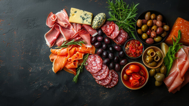 Antipasto platter with salami, ham, cheese and olives. Antipasti. 
