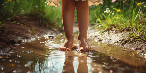 Child feet, barefoot little child in a puddle of rain , close up. - Powered by Adobe