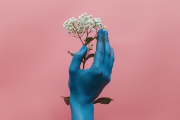 Blue hand with white flowers on pink background. A hand holding a delicate small white flower, showing details of the petals and stem.