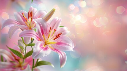 Fototapeta premium Beautiful blooming lily flower minimalist fantasy background template fresh light pink yellow white color lily flower poster nature background, Aesthetics floral inspirational tenderness illustration