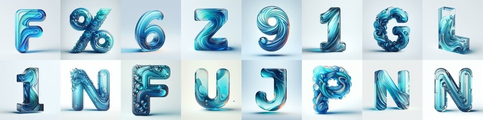 Azure glass 3D Lettering Typeface. AI generated illustration