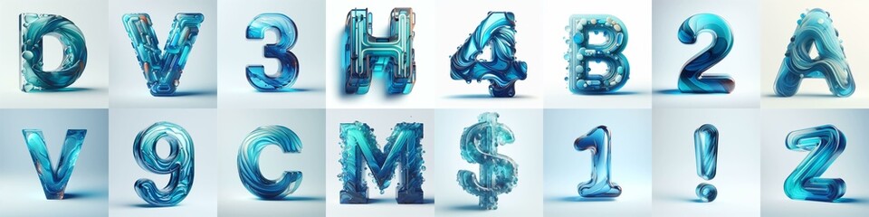 Azure glass 3D Lettering Typeface. AI generated illustration