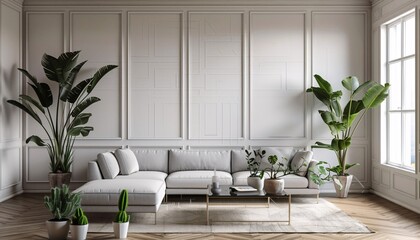 Modern Living Room Design A Blend of White Furniture and Greenery Generative AI