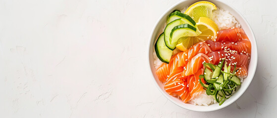 chirashi, with empty copy space, with plain whikte background professional food photography , sushi advertising