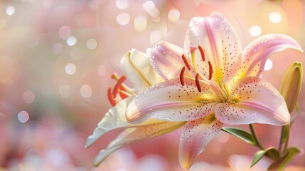 Fototapeta premium Beautiful blooming lily flower minimalist fantasy background template fresh light pink yellow white color lily flower poster nature background, Aesthetics floral inspirational tenderness illustration