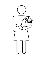 Sign of a girl carrying flowers. Vector icon of a gift for a girl. Illustration of a girl icon with a gift from her boyfriend, husband. Suitable for web design, advertising, poster, sticker, logo.