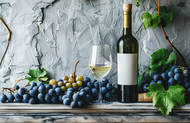 A Rustic Elegance of Wine and Grapes, Dark Wooden Background with Vintage Bottle, Glass, and...