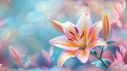 Fototapeta premium Beautiful blooming lily flower minimalist fantasy background template fresh light pink yellow white color lily flower poster nature background, Aesthetics floral inspirational tenderness illustration
