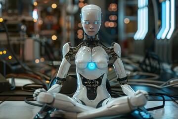 Fototapeta na wymiar Cyber-Sister A Futuristic Female Robot Meditating in a Techno-Temple Generative AI