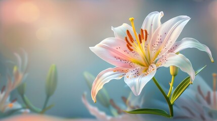 Fototapeta premium Beautiful blooming lily flower minimalist fantasy background template fresh light pink yellow white color lily flower poster nature background, Aesthetics floral inspirational tenderness illustration