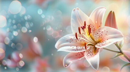 Beautiful blooming lily flower minimalist fantasy background template fresh light pink yellow white color lily flower poster nature background, Aesthetics floral inspirational tenderness illustration