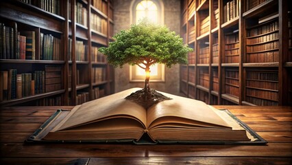 Tree growing from an open book in the library.