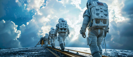 Astronauts Marching on a Foreign Celestial Body - obrazy, fototapety, plakaty