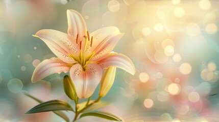 Beautiful blooming lily flower minimalist fantasy background template fresh light pink yellow white color lily flower poster nature background, Aesthetics floral inspirational tenderness illustration