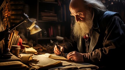 Senior gentleman passionately writing with a quill on paper in his comfortable independent bookstore