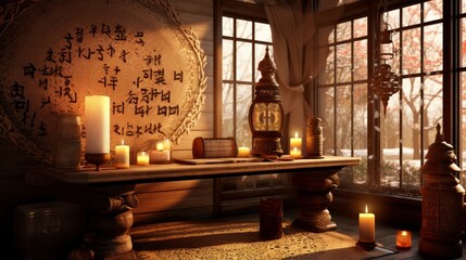 Authentic chinese medieval scribe desk with traditional tools and scrolls on wooden surface - obrazy, fototapety, plakaty