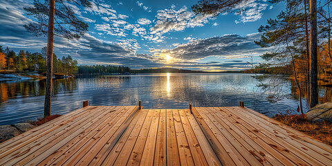 Peaceful Lake Dawn, Serene Finnish Landscape, Wooden Pier Stretching into the Calm Waters, Embrace...
