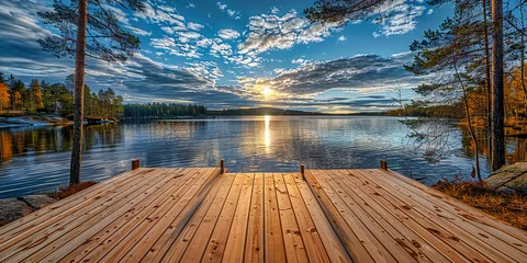 Foto op Plexiglas Peaceful Lake Dawn, Serene Finnish Landscape, Wooden Pier Stretching into the Calm Waters, Embrace of Nature © MDRAKIBUL