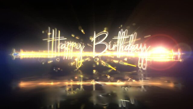 Abstract animation of  Happy Birthday glitch text effect animation with gold particles sci fi hitech effect background  Ending cover for intro, title banner
