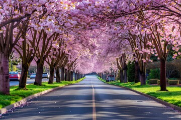 Naklejka premium Pink Blossoms Along the Road A Cherry Blossom-Inspired Scene Generative AI