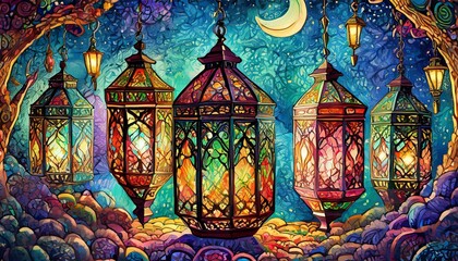 Ramadan Lanterns Handcrafted lanterns in vibrant colors and patterns, illuminated in the dark