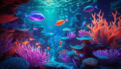 Naklejka na ściany i meble Underwater world with glowing coral reefs and exotic fish in neon colors