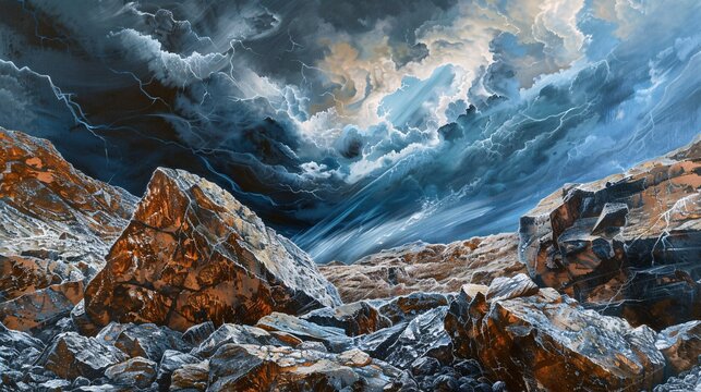 Rocky Shore at Sunset A Stormy Sky Over the Ocean Generative AI