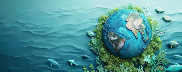 Globe showcasing oceanic blues and fresh greens in a simplified forms style