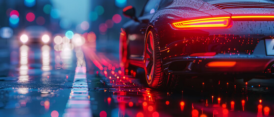 Luxury Sports Car on Wet City Street at Night