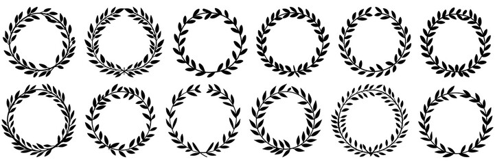 Laurel wreath circle frame branch silhouettes set, large pack of vector silhouette design, isolated white background