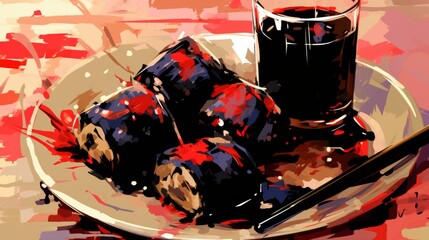 Stylized illustration of sushi and drink, simulating a traditional japanese oil painting