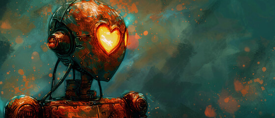 Rusty Robot with Heart-Shaped Light Concept Art - obrazy, fototapety, plakaty