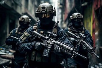 Naklejka premium Urban Warfare: Mercenaries on a Deadly Mission in the Dark Alley created with Generative AI technology